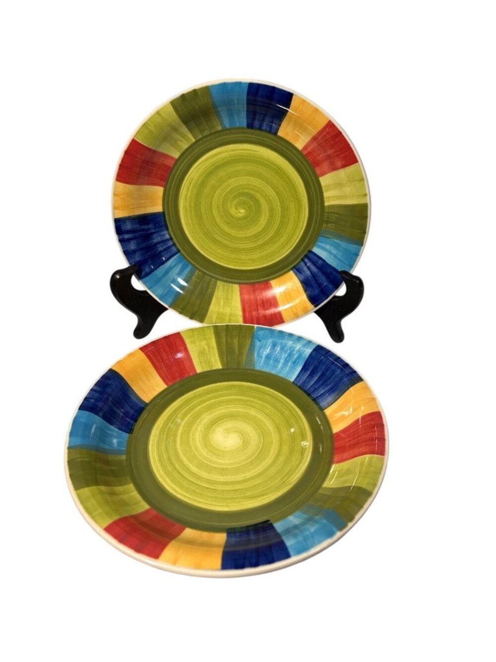 Pottery District Cozumel Stoneware Plates 7 3/4" Colorful Rainbow Green Lot of 2